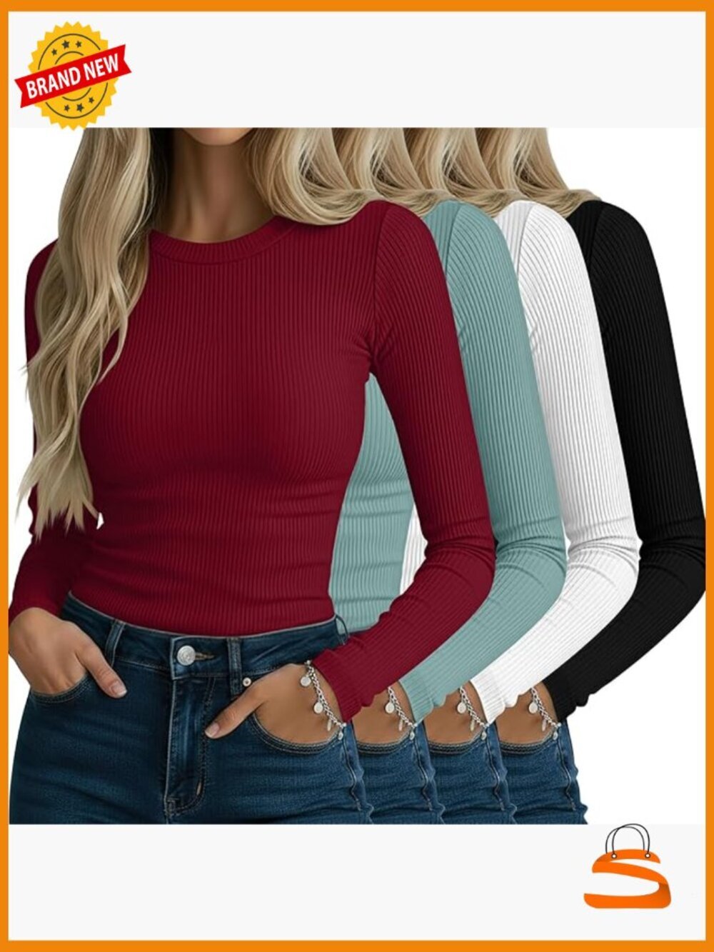 4 Pack Ribbed Long Sleeve T-Shirts Crew Neck Slim Fit Stretch Knit Tops Base